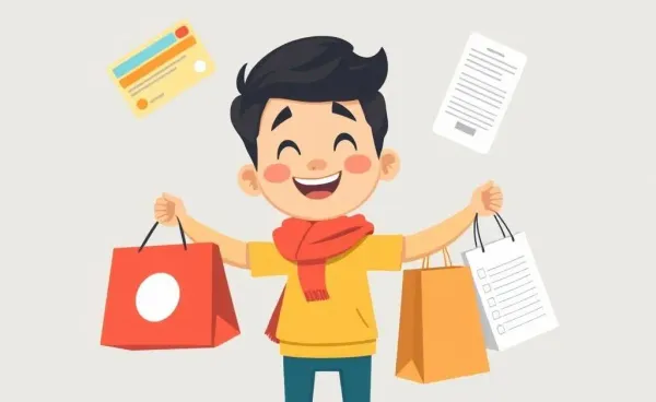 A character juggling their finances amidst a background of budget and shopping symbols