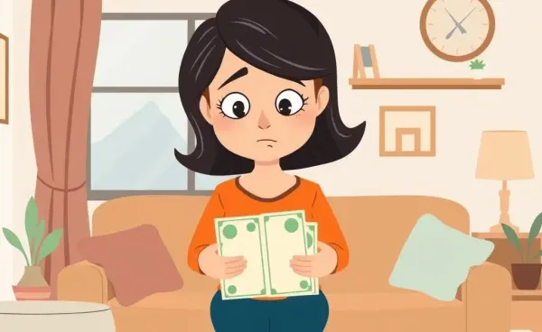 Woman looking overwhelmed with bills in a cozy living room