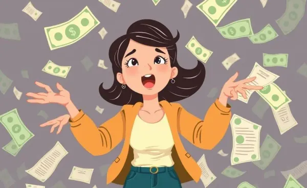 A cartoon woman trying to balance dollar bills and receipts, looking overwhelmed by finances.