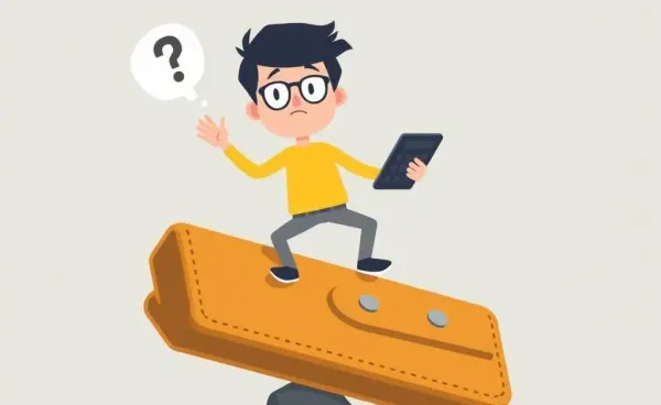 A cartoon person balancing precariously on a large wallet while holding a calculator