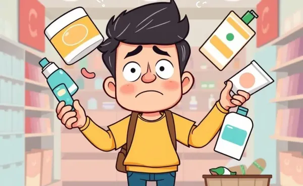 Comic character overwhelmed by a variety of self-care products