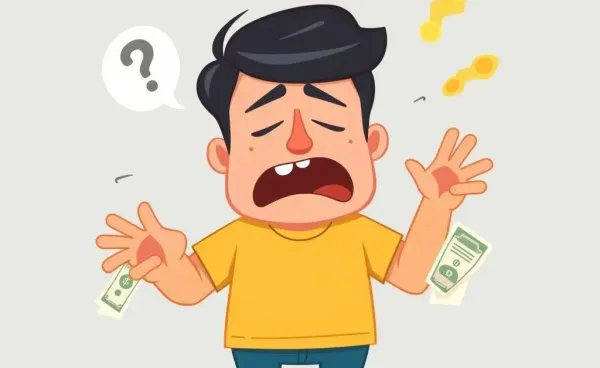 A surprised person holding a bill titled 'Unplanned Expenses' with comic-style expressions