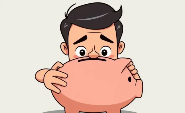 Cartoon depiction of a worried person with a piggy bank