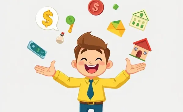 A cartoon character juggling investment tools humorously