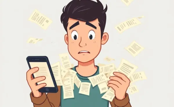 A man surrounded by shopping receipts and holding a smartphone with a surprised expression