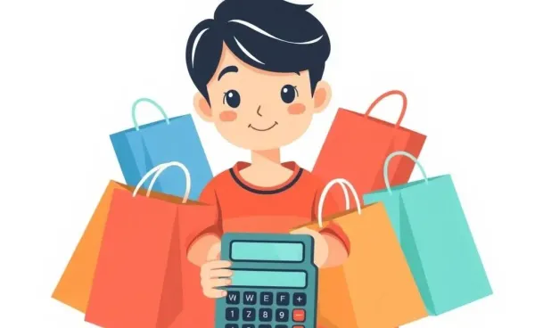 A person overwhelmed by shopping bags and a calculator, representing budgeting chaos