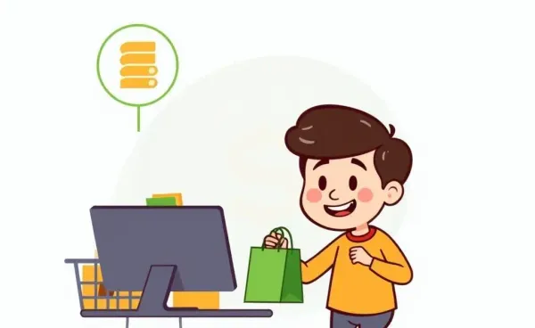A cartoon of a person overwhelmed with online shopping choices, labeled as budget tips.