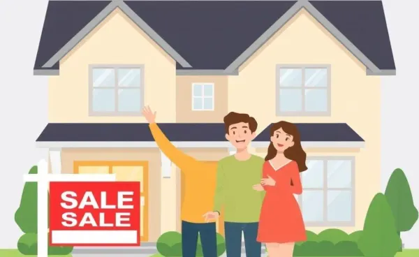 A young couple excitedly looking at a house for sale with a real estate sign.