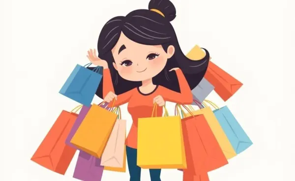 Mia surrounded by an avalanche of shopping bags, looking overwhelmed