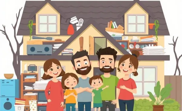A family awkwardly smiles in front of their hoarded house, full of items they don’t need.
