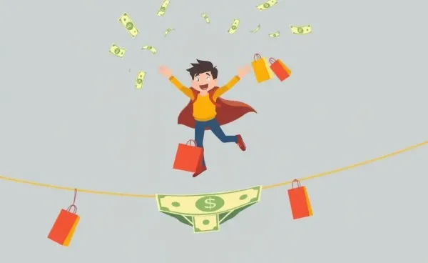 Cartoon hero balancing on a tightrope made of dollar bills while juggling shopping bags