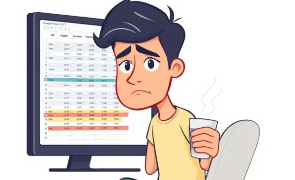 A person looking frustrated at a spreadsheet while holding a cup of coffee