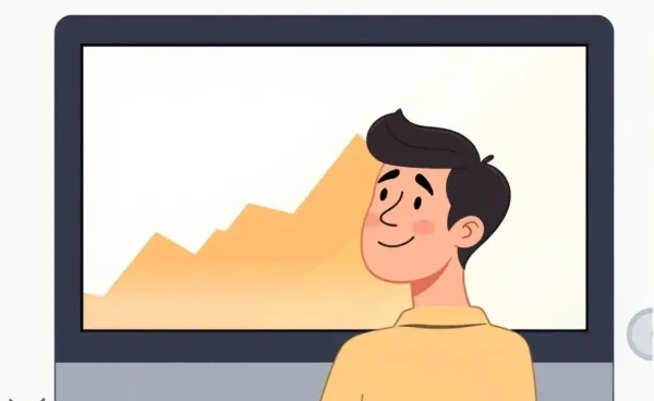 Cheerful character surrounded by towering piles of stock market charts and graphs