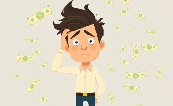 A cartoon man scratching his head, surrounded by dollar bills, looking puzzled