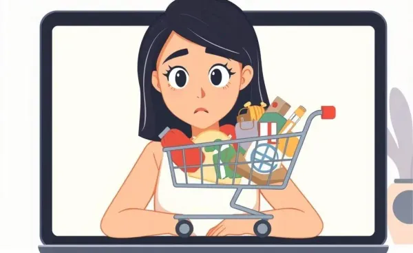 A woman overwhelmed by her overflowing online shopping cart