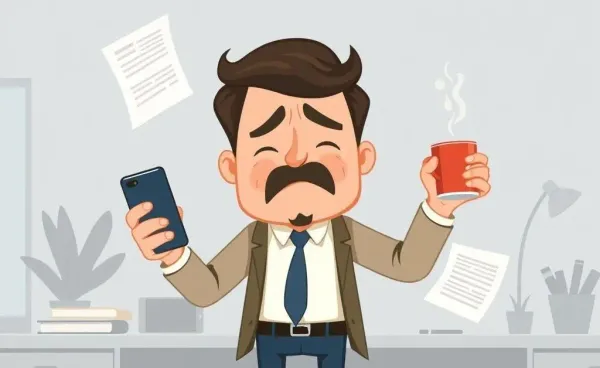 A cartoon supervisor juggling papers, a phone, and a coffee cup.