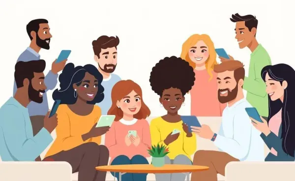Cartoon illustration of an online community in discussion