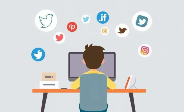 Person at a desk surrounded by social media logos
