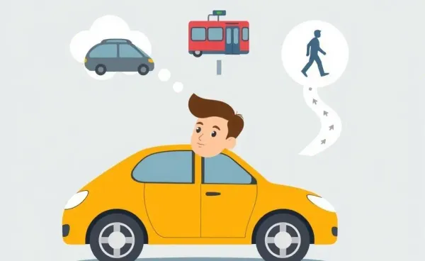 Illustration of a person contemplating different transportation options, including a car and public transit.