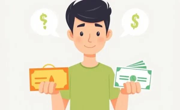 Cartoon of a person comparing two savings accounts