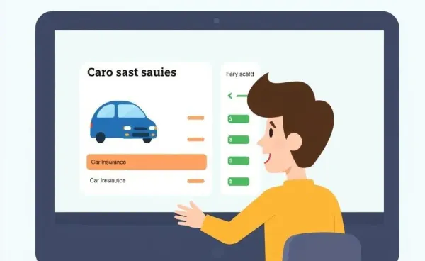 Cartoon-style image of a person comparing car insurance options on a computer