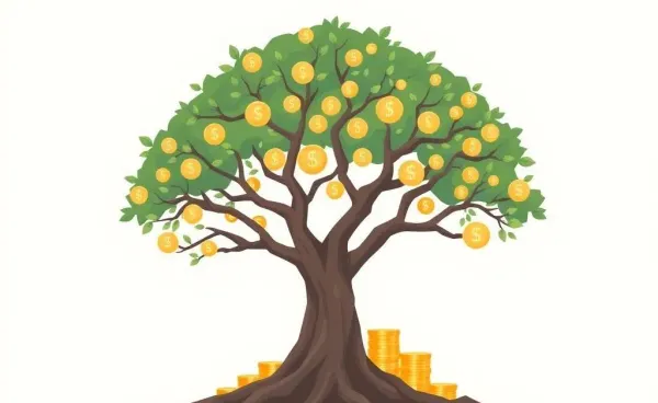 A tree growing coins symbolizing compounding interest.