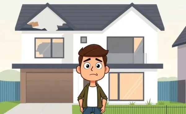 Illustration of a concerned homeowner in front of a new build home
