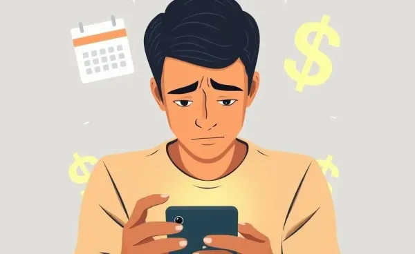 A worried person looking at a phone showing calendar and dollar signs