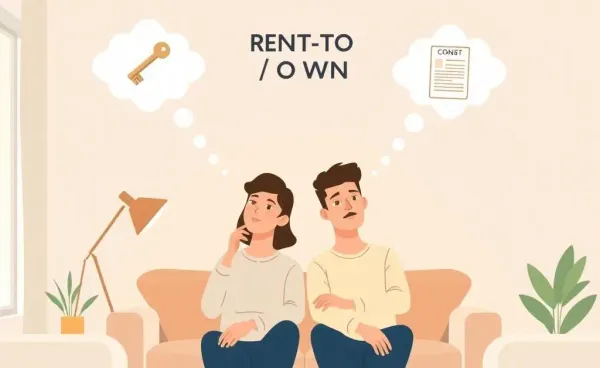 Couple deciding on a rent-to-own condo with thought bubbles