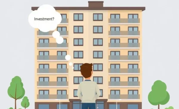 Person pondering in front of a condo building.