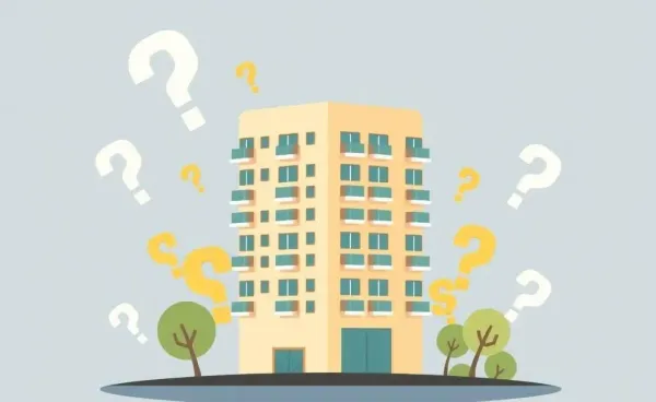 A cartoon-style image of a condo building with financial symbols