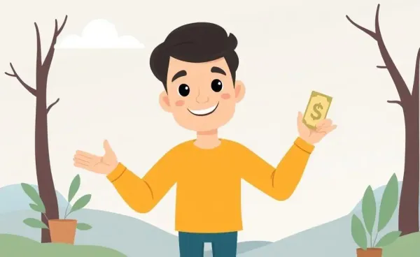 A cartoon-style depiction of a person balancing scales representing financial and emotional well-being in a serene setting