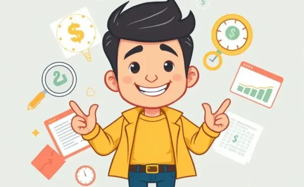 A cartoon-style illustration of a person confidently planning their finances