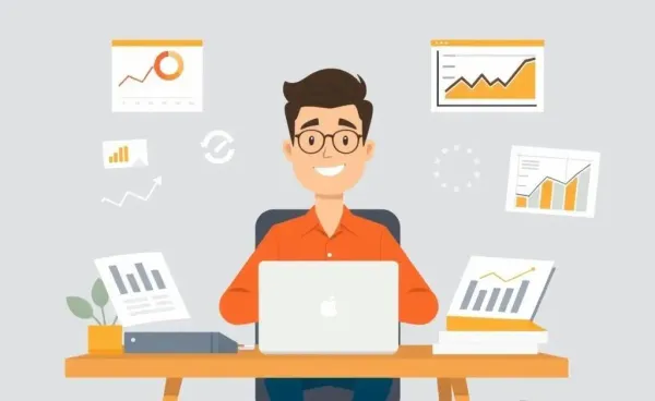 A confident finance professional working at a desk with charts and graphs.