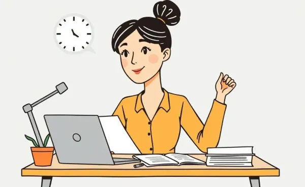A cartoon-style woman confidently reviewing her finances at a table