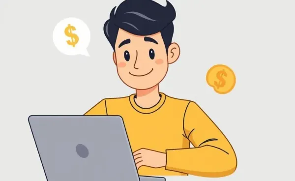 Illustration of a person confidently managing financial transfers on a laptop