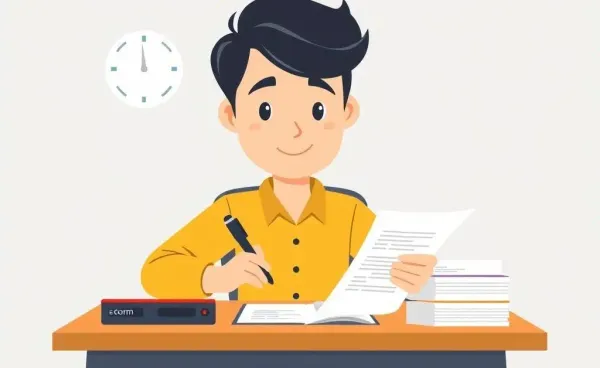 A person filling out insurance forms with a determined look