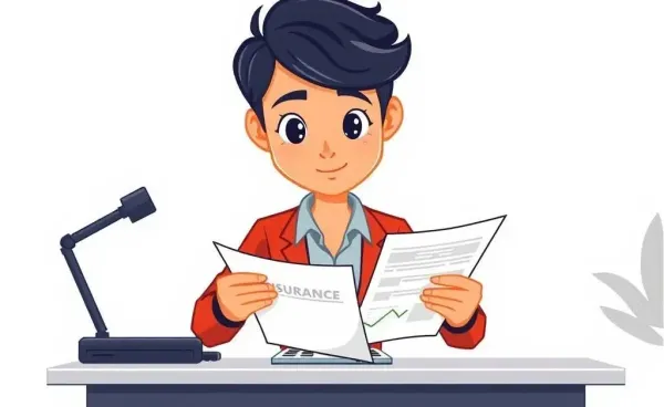 A person confidently reviewing insurance documents at a desk.