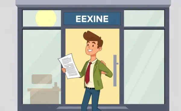 A confident person walking into an office for an interview with a resume.