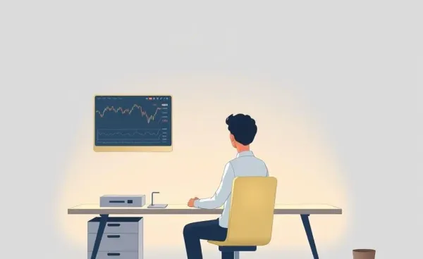 Person sitting at a desk with a computer displaying stock graphs