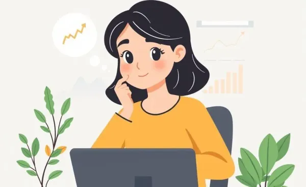 Woman selecting stocks on a computer with a thoughtful expression