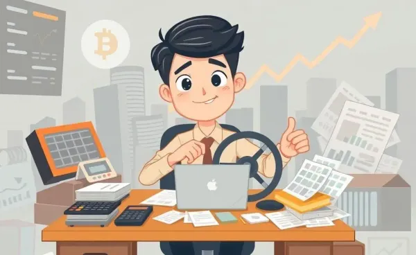 An illustration of a confident investor at a desk amidst a volatile market.