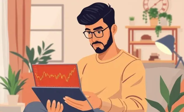 Confident investor viewing a stock market chart on their laptop in a home setting