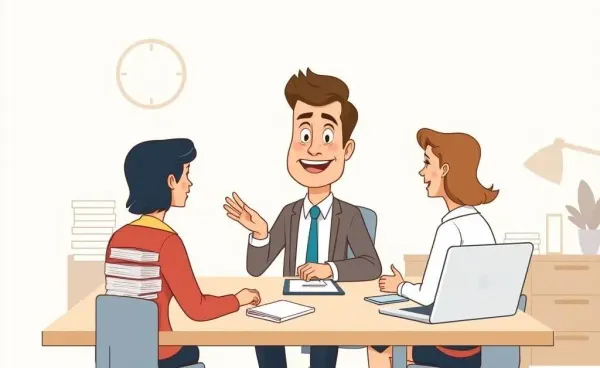 A cartoon image of a life insurance agent confidently working with clients.