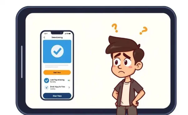 An illustration of a person confused about mobile banking on a smartphone