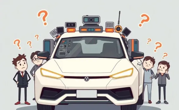 Illustration of a car with multiple high-tech alarms with confused people