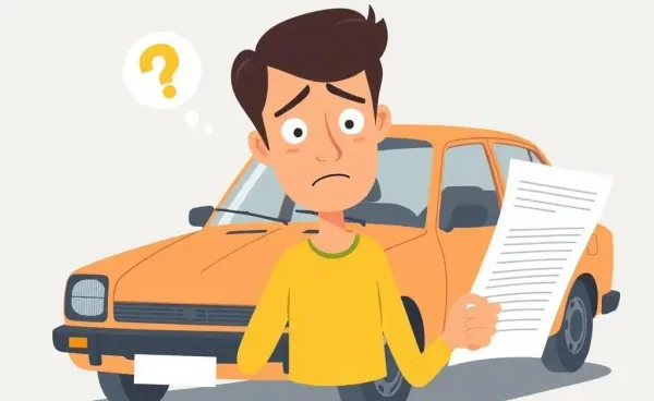 A person puzzled by car insurance documents with their old car faintly visible