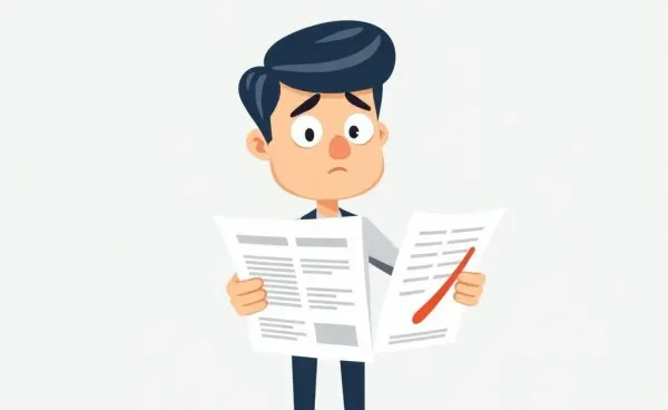 A confused person looking at a credit report with a dipped credit score indicator