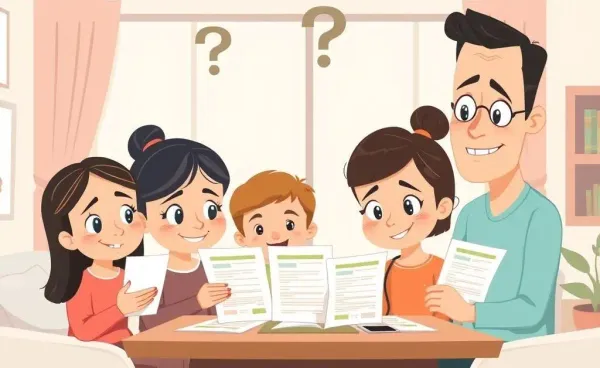 A cartoon family puzzled by health insurance paperwork