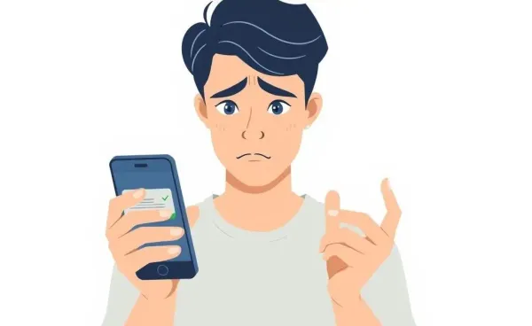 A person looking confused while using a mobile check deposit feature on a smartphone.
